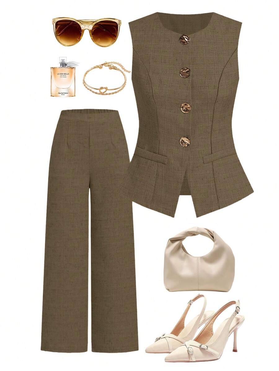 Ellevyn French Style Women Sleeveless Vest With Metal Button Shirt For Work Brown Blouse Business Casual - Brown - View 1