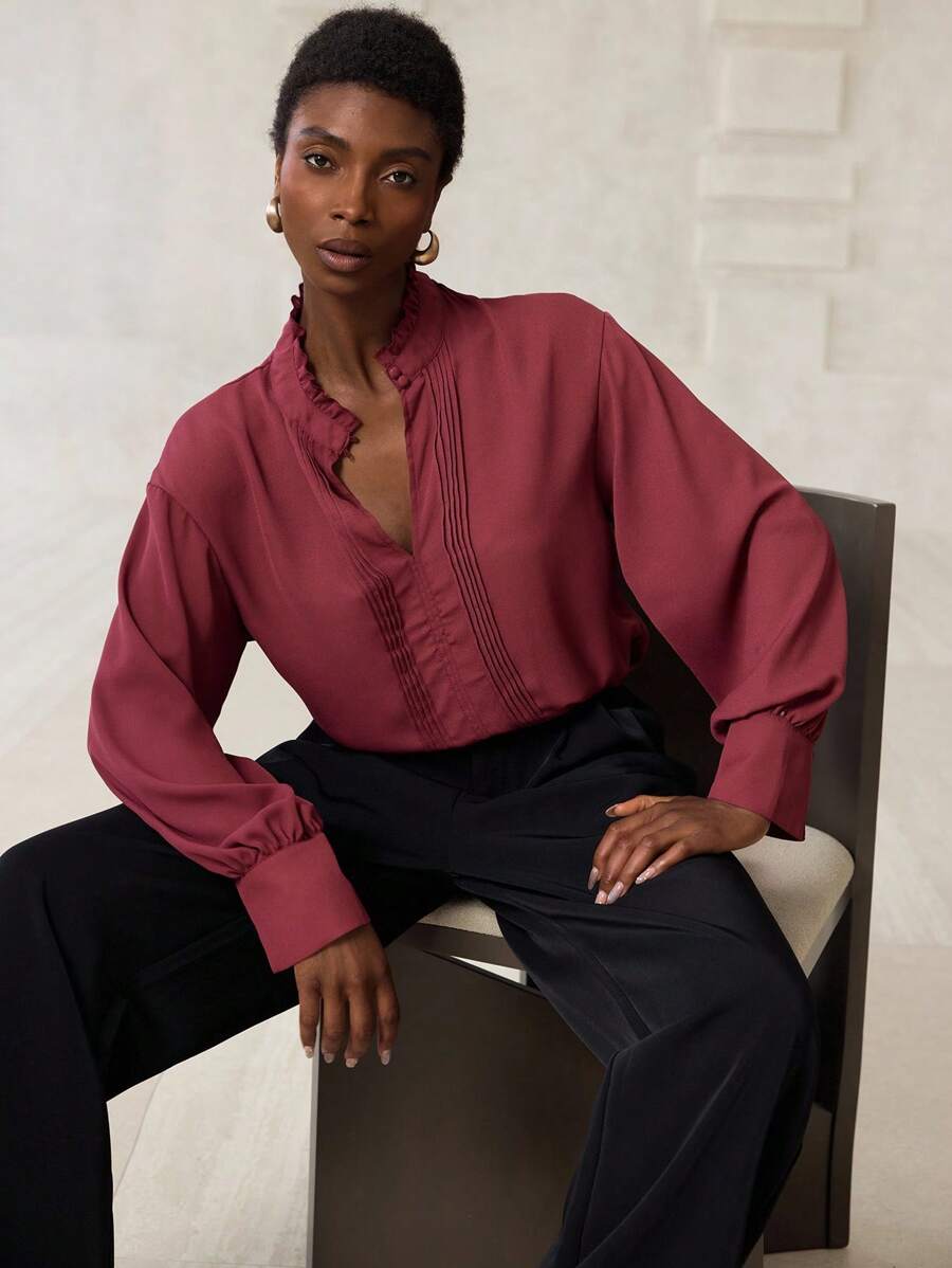 SHEIN Privé Brick Red Minimalist Ruffle Collar Pleated Design Casual Long Sleeve Blouse For Women Fall Cloth For Women - Burgundy - View 1