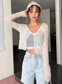 DAZY Solid Button Front Crop Top Without Cami Top Festival Sheer Long Sleeve Women Tops