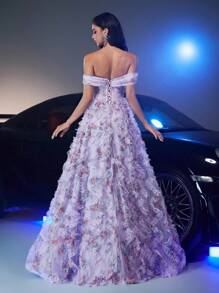 Glamrae Elegante vestido largo con estampado floral 3D de tul multicolor romántico, hombros descubiertos y abertura alta en la falda, con capa de tul vaporoso y silueta de línea A para eventos de noche