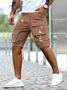 Manfinity Homme Short en jean ajusté avec poches cargo et effet délavé pour hommes - Marron - Voir 6