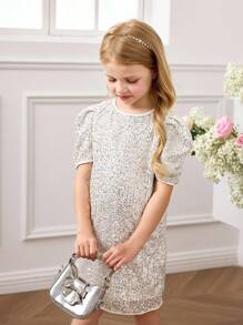 Young Girl Elegant Cute Silver Sequin Short Sleeve Dress Girls Sequin Dress Girls Glitter Dress Girls Shimmer Dress Kids Sequin Dress Girls Silver Dress Halloween Dress Christmas Dress Birthday Dress