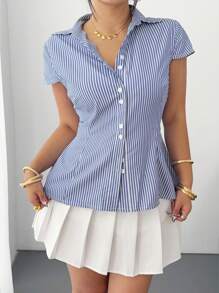 SHEIN POPSWAY Plus Size Blue & White Striped Slim Fit Blouse