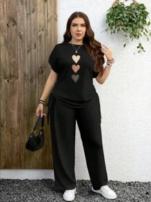 EMERY ROSE Set de 2 piezas talla grande con estampado de corazón texturizado y estampado de leopardo, conjunto cómodo y casual adecuado para el verano - Negro - Ver 4