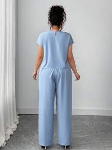 Elenzga 2 件套女士套装：法式圆领短袖休闲上衣和高腰阔腿裤