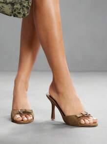 CUCCOO SZL 女士橄榄绿和银色带扣装饰基本款日常通勤时尚舒适圆头高跟凉鞋 - 橄欖綠 - 查看 9