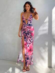 Aloruh Women's Tie-Dye Print V-Neck Dress, Sexy Mesh, Holiday/Resort Wear, Spring/Summer - Multicolor - View 5