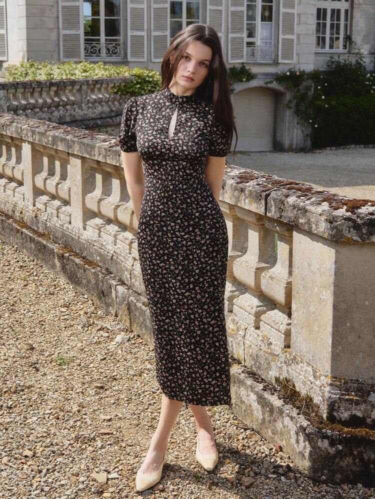 Black Floral Print Vintage Style Fitted Woven Dress With High Neck Elegant Dress Office Outfits For Women Black Floral Dress French Style Dress Autumn Dress Vacation Dress