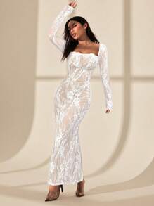 SHEIN PETITE Đầm Maxi Đen Ôm Hông Cổ Vuông Ren Hình Chữ S Gợi Cảm Cho Nữ, Tay Dài, Cúp Ngực, Cổ Xương Cá, Dự Tiệc Mùa Hè Mới - Nhiều màu - Xem 4