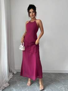 Rafferiza Đầm dài mỏng thiết kế xếp nếp cổ yếm thanh lịch cho nữ dùng cho dạ hội - Red Plum - Xem 4