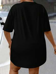 Maweii Plus Size Casual Faux Rhinestone Slogan Print Klänning - Svart - Visa 2