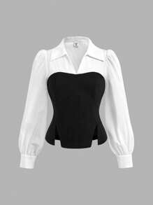 SHEIN Tween Girl Elegant Black And White Color Block Puff Long Sleeve Slit Hem Fashion Shirt Blouse And Solid Black Flared Leg Pants 2Pieces Set, For Daily Wear, Back To School, For Spring/Autumn