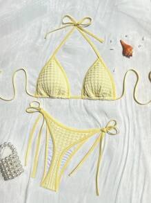 SHEIN 2pcs/Set New Solid Color Textured Side Knot High-Cut Thong Bikini, Women Swimwear, Beach Holiday For Summer Beach Vacation - Yellow - View 2