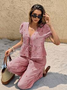 SHEIN Frenchy 2 件套女士夏季条纹蝴蝶结前系带泡泡袖短袖衬衫和裤子套装 - 酒紅色 - 查看 6