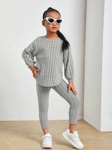 Niñas Leggings con camiseta tejido de canalé de hombros caídos bajo curvo - Gris Claro - Ver 4