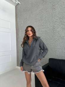 EURMUSE Half Zip Drop Shoulder Collar Sweater - Dark Grey - View 3