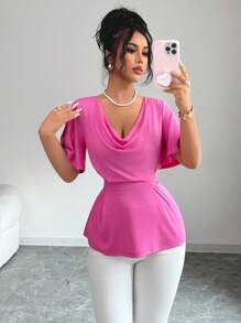 Elenzga Nouveau t-shirt femme manches bouffantes cranberry rouge à encolure portefeuille, avec design de lien réglable, coupe slim et tissu élastique, polyvalent, pour le printemps et l'été