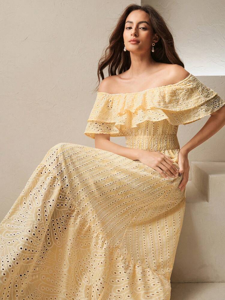 Light Yellow Hollow Out Romantic Women's Strapless Dress, Summer Maxi Women Outfit