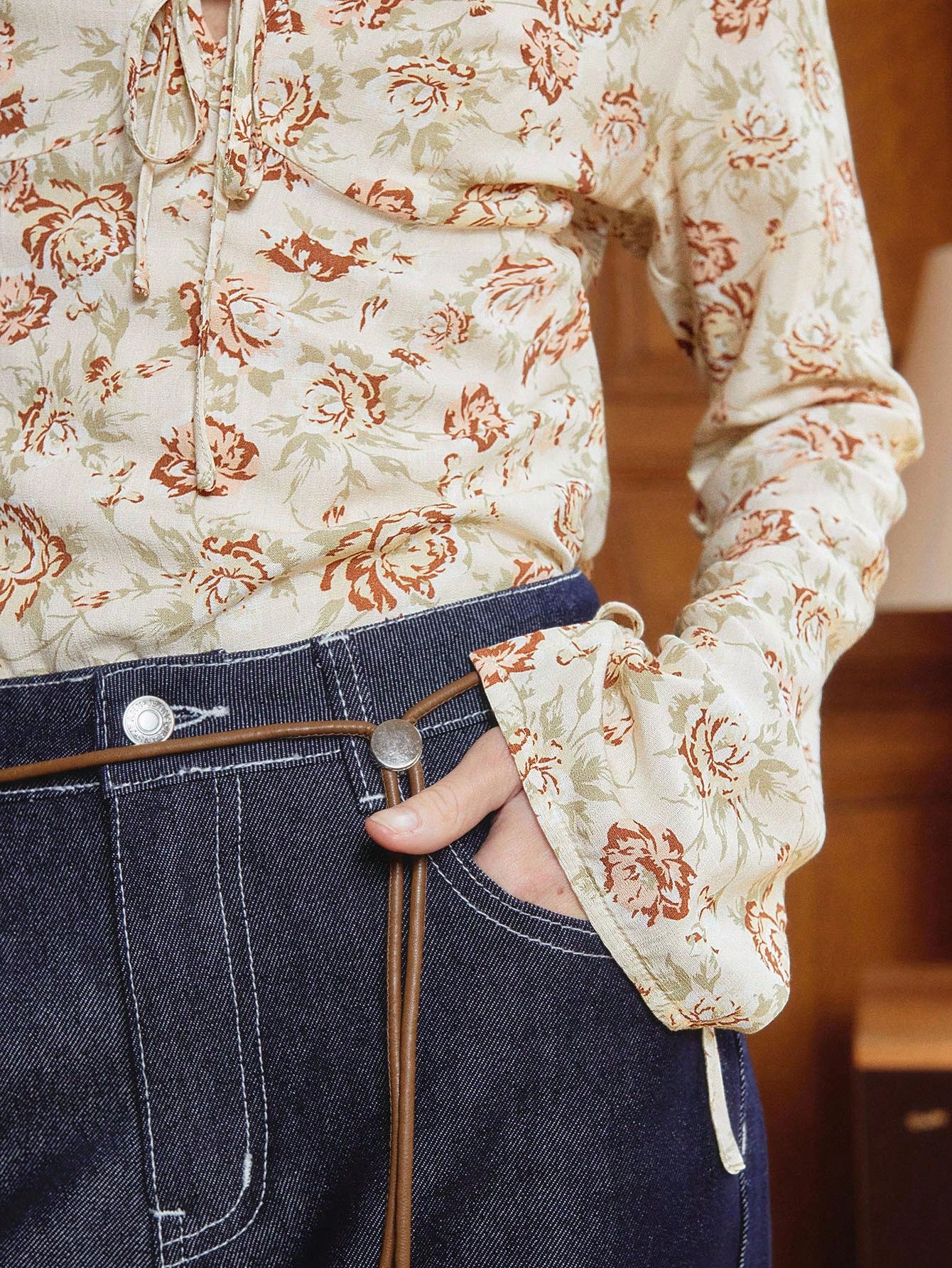 Vintage Floral Top With Front Tie And Flared Sleeves Fall Women Clothes Teacher Outfits Spring Summer