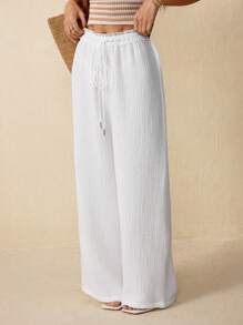 SHEIN PETITE Damen Urlaubs Lässig einfarbige Hose mit Spitzen-Patchwork und weitem Bein