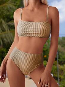 Swim Vcay 女款隨機條紋印花平口上衣與高腰比基尼泳褲2件套，休閒度假夏季泳裝 - 彩色 - 查看 4