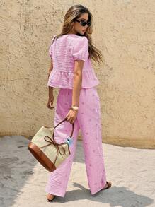 SHEIN Frenchy Set de 2 piezas de Mujer Verano Casual Top de manga abullonada a rayas y Pantalones