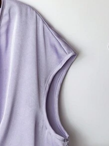 SHEIN Clasi Áo sơ mi satin xếp ly cổ chữ V thanh lịch cỡ lớn, trang trí nơ, dành cho nữ mùa hè - Màu tím - Xem 5