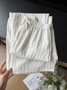 SHEIN Pantalones rectos con efecto de lino a rayas para niñas en primavera y verano, cómodos y amigables con la piel, de estilo minimalista y chic casual, adecuados para varias ocasiones - Beis - Ver 5