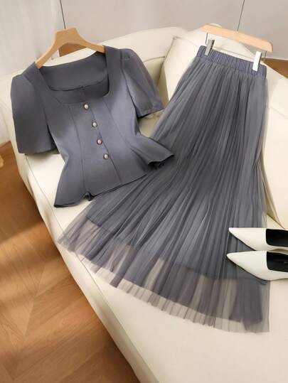 GlowEve CURVE 加大码优雅灰色方领泡泡袖连衣裙，搭配薄纱罩层，工作/正式中长连衣裙套装