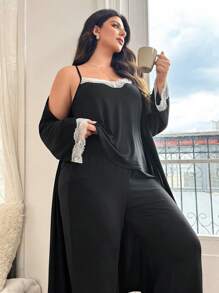 SHEIN Set Pakaian Tidur Kasual Lembut dan Nyaman Ukuran Besar dengan Hiasan Renda, Pakaian Musim Gugur & Musim Dingin, Busana Nyaman - Hitam - View 3