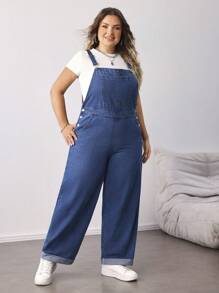 SHEIN CURVE+ Plus Size Blue Denim Jumpsuit Loose Overalls Comfortable Elastic Waist Tapered Pants Design Autumn Casual Wear Back To School Clothes