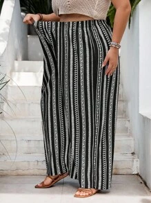 SHEIN CURVE+ 大码女式条纹松紧腰阔腿宽松休闲裤夏季/乡村/海滩度假装/沙滩装/沙滩装 - 黑與白 - 查看 6
