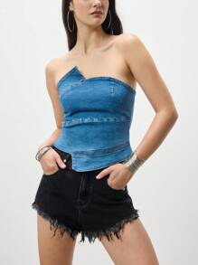 TypaGal Asymmetrical Hem Denim Top, Beach Casual Summer - Blue - View 3
