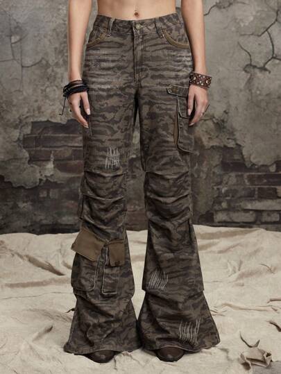 Grunge Punk Women's Distressed Vintage Colorful Camo Low Waist Cargo Pocket Flared Jeans