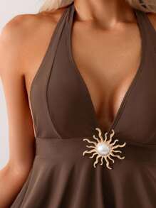 Swim Lushoire Bộ đồ bơi bikini tam giác và yếm kim loại màu trơn thời trang mùa hè bãi biển - Cà phê nâu - Xem 4