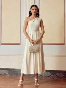 ZEYLAH VESTIDO DE MUJER ELEGANTE DE UN HOMBRO CON VOLANTES EN LA CINTURA Y CUENTAS DE PERLAS FALSAS - Albaricoque - Ver 4