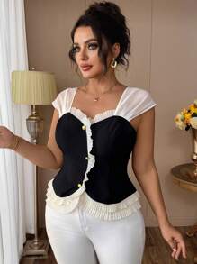 SHEIN Clasi New Women's Summer Elegant Black & Apricot Color Block Ruffle Waist Short Sleeve Sweetheart Neck Blouse, Plus Size - Black and White - View 4