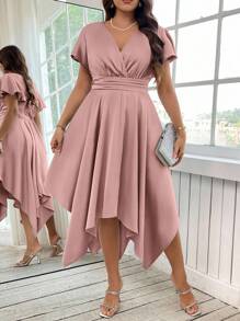 Reflora Đầm thanh lịch tay ngắn xếp nếp cổ chữ V màu trơn mùa hè cho nữ cỡ lớn - Màu Hồng baby - Xem 3