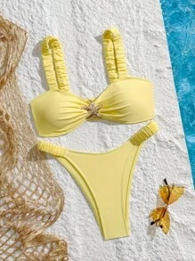 Swim Chiccia Springbreak 全新纯色褶皱粗带金属海星高腰女士沙滩装比基尼套装