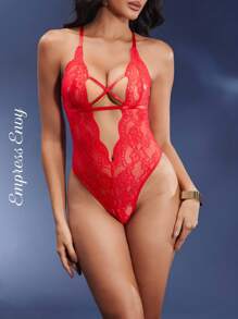 EmpressEnvy Floral Lace Scallop Trim Crisscross Teddy Bodysuit Lingerie Body Pizzolingerie Sexy>Redlace Bodysuitlingerie One Piecelingerie Set>Red - Red - View 5