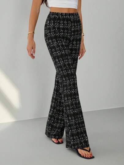 SHEIN Tall 夏季优雅女士格纹印花弹力针织裤，适合各种场合，适合夏季度假、优雅旅行、日常通勤