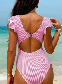 Swim Vcay Bộ đồ bơi một mảnh hở lưng thiết kế tua rua sọc hồng cho kỳ nghỉ lễ hội bãi biển dành cho nữ - Hồng - Xem 2
