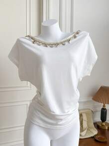 Comfortcana New Summer Shell Tassel White Knit Women's Summer Shell Trim Ruffle T-Shirt - White - View 1