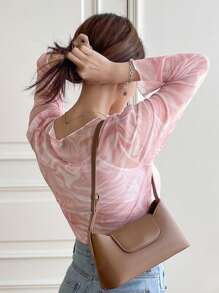 DAZY 1pc Marble Print Lettuce Trim Mesh Top Going Out Tops Valentine Valentine's Day Sheer Long Sleeve Women Tops,Fall Women Clothes - Baby Pink - View 2