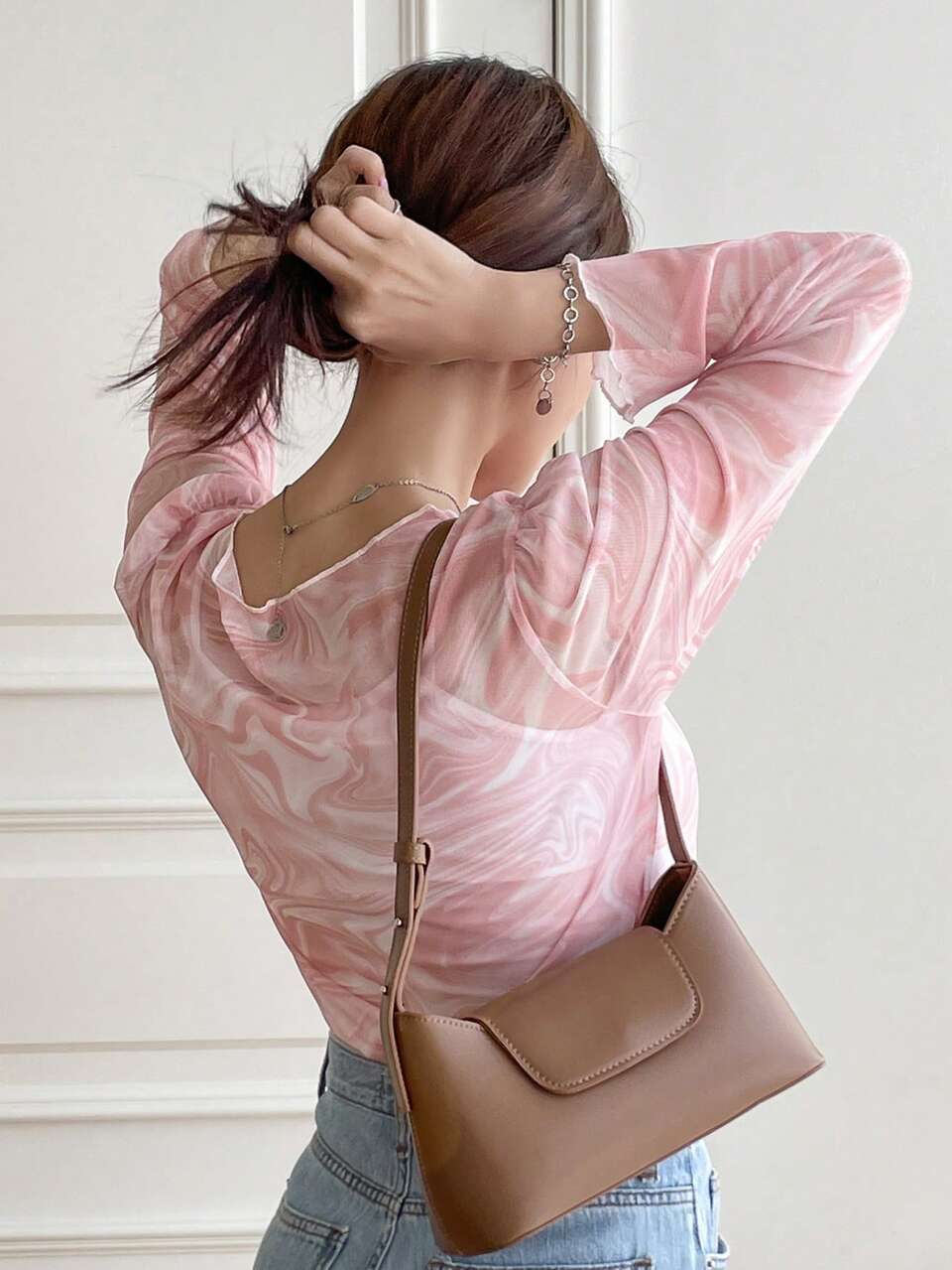 1pc Marble Print Lettuce Trim Mesh Top Going Out Tops Valentine Valentine's Day Sheer Long Sleeve Women Tops,Fall Women Clothes