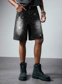 ROMWE MEN Street Life Pantalones cortos vaqueros de moda casual para hombre con botones de rhinestone