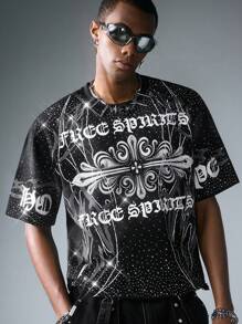 ROMWE MEN Street Life 男士街头风格短袖T恤，带水钻设计、十字架和英文文字印花、深色效果 - 黑色 - 查看 1