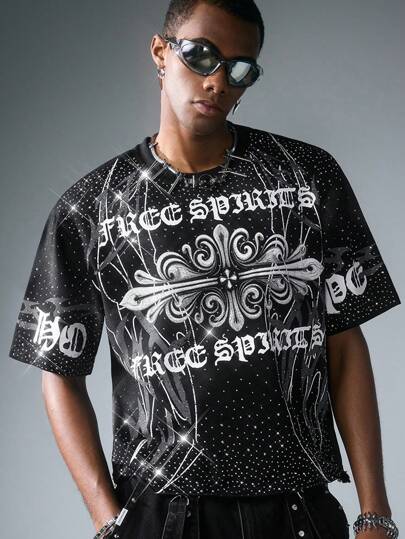 Goth Men's Street Style Short Sleeve T-Shirt With Rhinestone Design, Cross And English Text Print