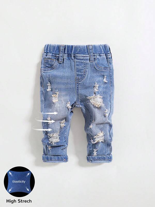 SHEIN Baby Boy Distressed Casual Comfortable Soft Vintage Wash Ripped Frayed High Elasticity Skinny Blue Denim Jeans, For Baby Clothes Boys Costume Dailywear Four Seasons Wear Clothes And Streetwear Outfits For Toddler Boys