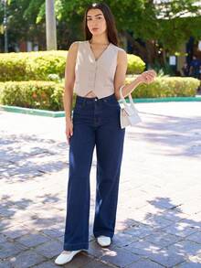 Andrea Bello Women's Pocket Design Loose Fit Wide Leg Casual Versatile Jeans